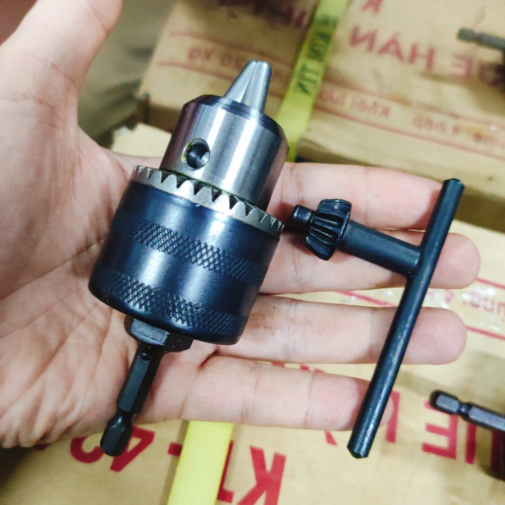 Đầu kẹp mũi khoan, đầu mang ranh 13mm, loại tay khóa, kèm chuôi lục giác
