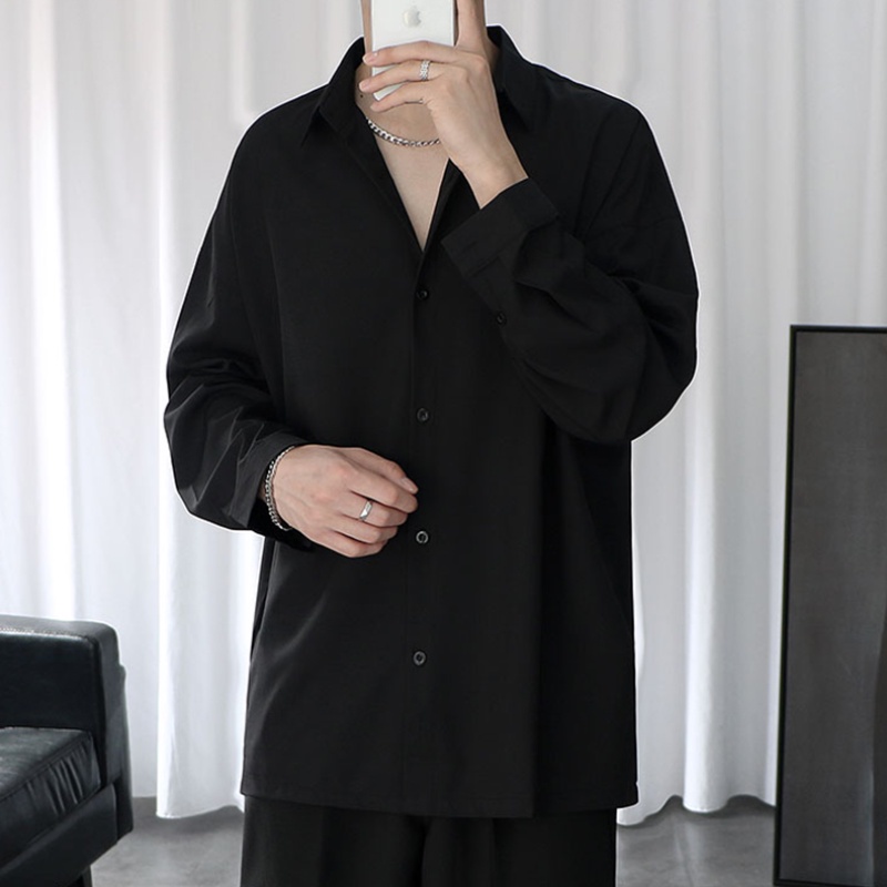 Áo sơ mi tay dài dáng rộng màu trơn phong cách Hàn Quốc thời trang mùa hè dành cho nam 2021