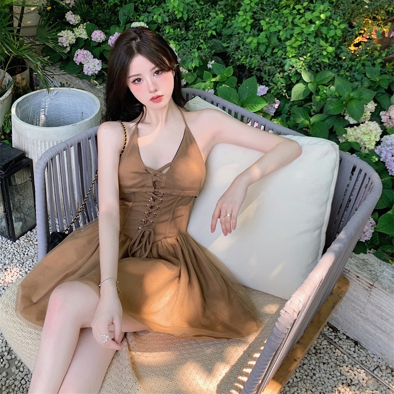 Váy yếm sexy dáng ôm ngắn Đầm xếp nếp cổ v chữ a thời trang phụ nữ