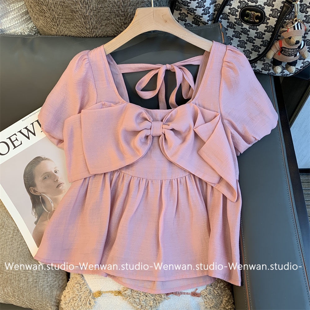 Set Áo Cổ Vuông Tay Phồng Thắt Nơ Phối Quần Short Thời Trang Mới Cho Nữ