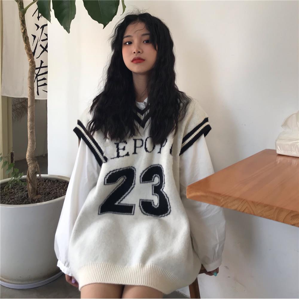 Set Áo Sơ Mi Cổ Chữ V Form Rộng Và Áo Khoác Không Tay Thời Trang Mới Trẻ Trung Sành Điệu Cho Nữ