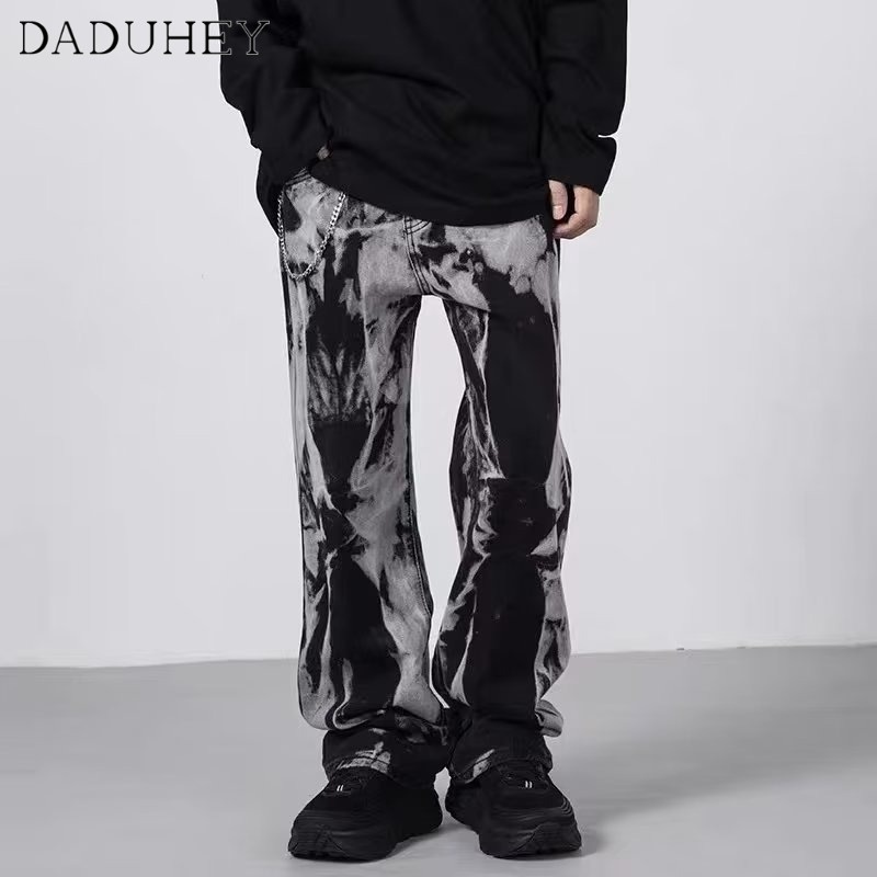 Quần jean kiểu mài nhuộm màu tương phản retro phong cách Mỹ ống rộng suông hiphop châu Âu đường phố