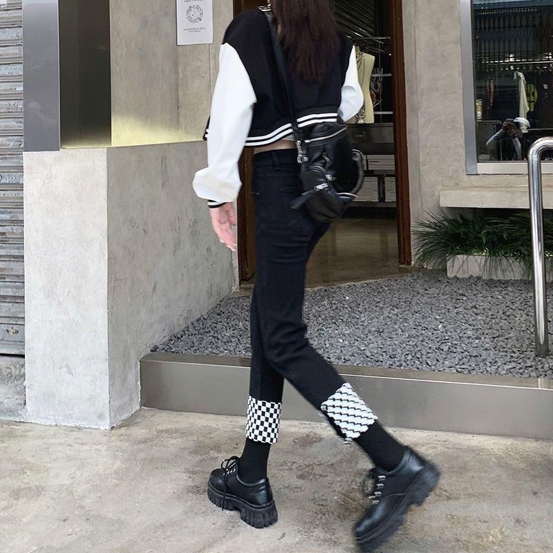 Jiashucheng Quần Jean Dài Tới Mắt Cá Chân Dáng Ôm Lưng Cao Ghép Mảnh Ghép Nối Thiết Kế Ca Rô Nhỏ Dễ Phối Đồ Cho Nữ