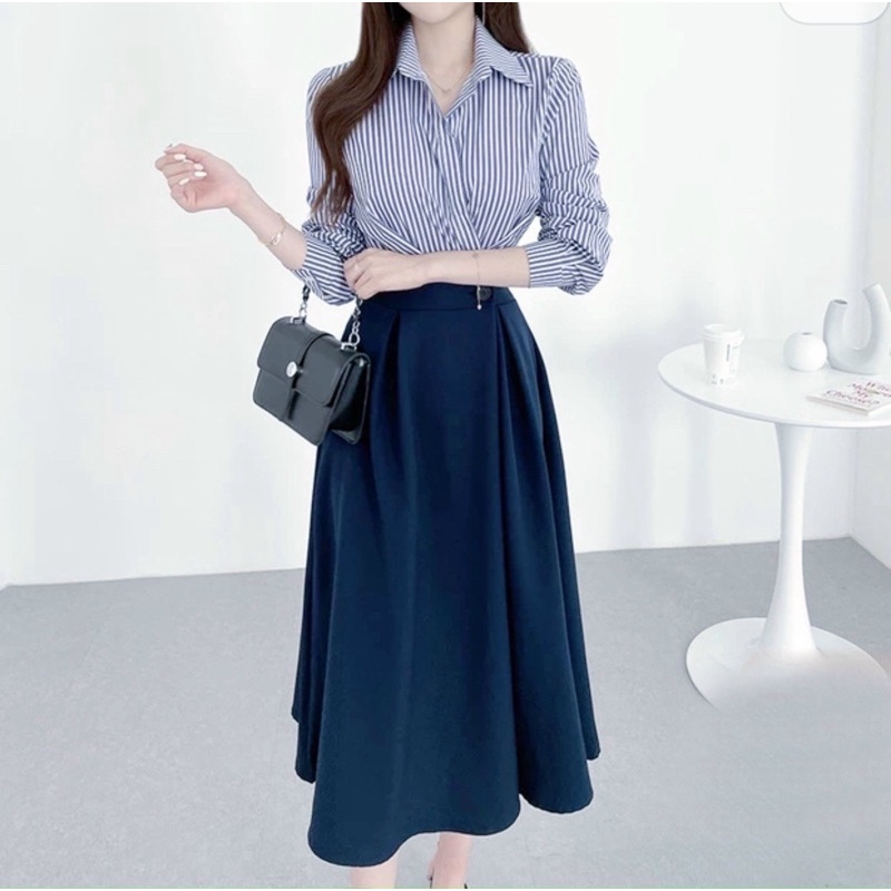 Đầm váy xanh phối sọc giả set