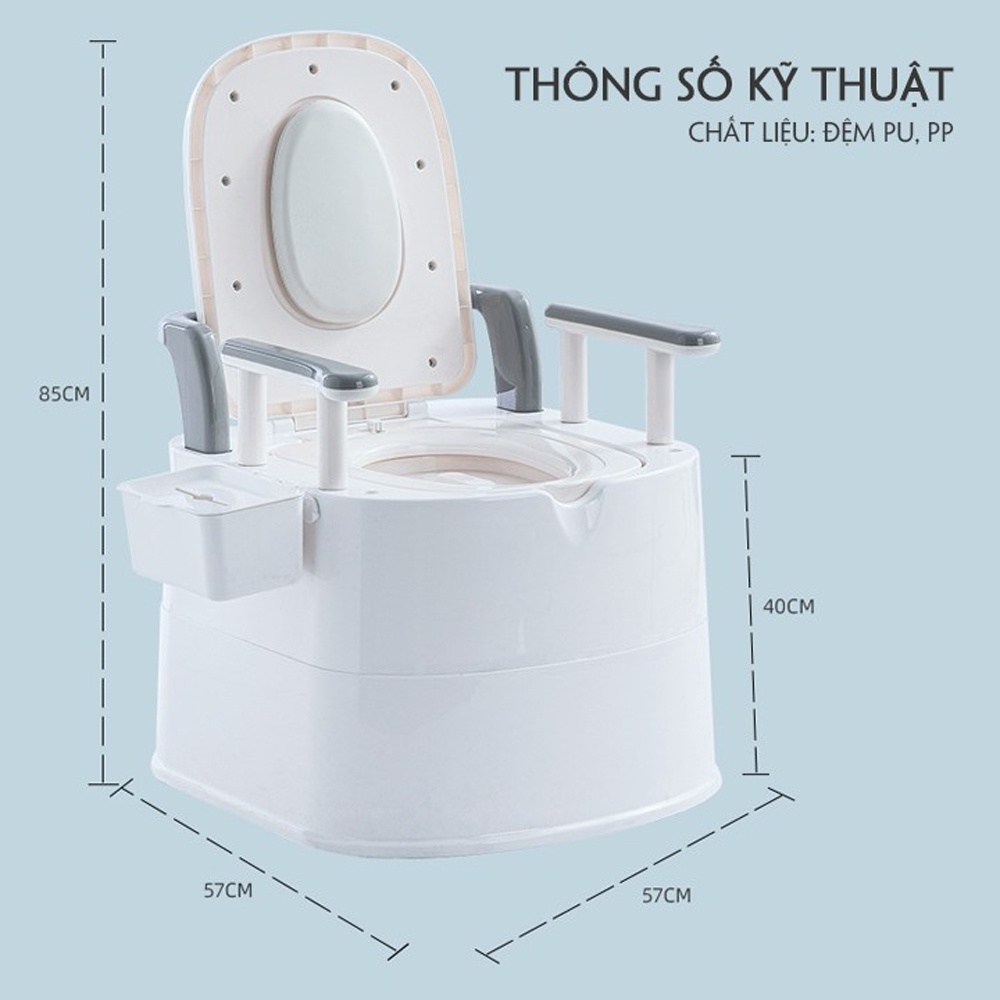 Bồn cầu di động cao cấp, bô vệ sinh trong nhà tiện lợi cho người già, bà bầu, người bệnh có tay vịn, tựa lưng chắc chắn