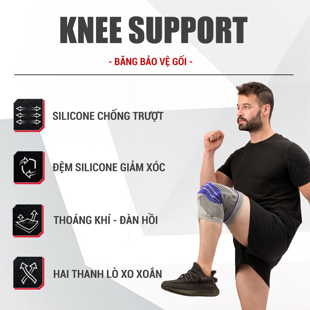 Bó gối thể thao, băng đầu gối đệm silicone, co giãn 4 chiều, thanh trợ lực lò xo GoodFit GF513K