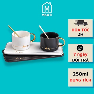 Cốc sứ cao cấp có quai Msuti, ly sứ kèm đĩa + thìa sang trọng dung tích 250ml