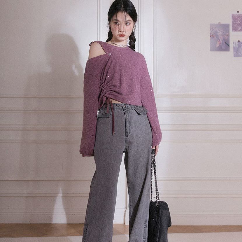 Áo Dệt Kim Trễ Vai Cổ Tròn Thời Trang Hàn Quốc Cho Nữ