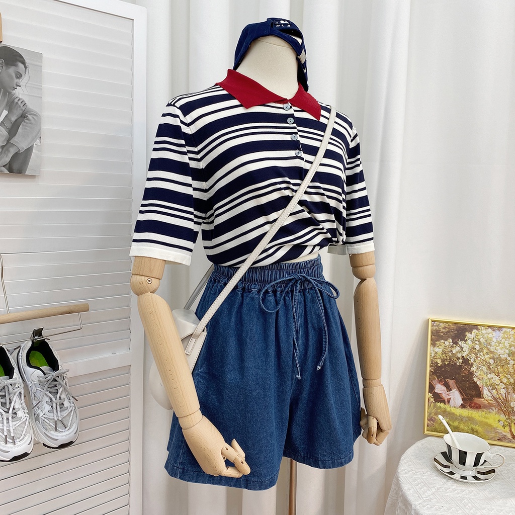 Áo thun polo ZHELIHANGFEI dệt kim ngắn tay họa tiết kẻ sọc tương phản phong cách cổ điển