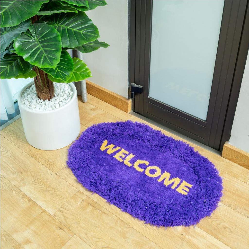 Thảm lau chân, chùi chân KAQI thêu chữ Welcome hình bầu dục, vải mềm mại, chống trơn trượt, thấm hút nước tốt