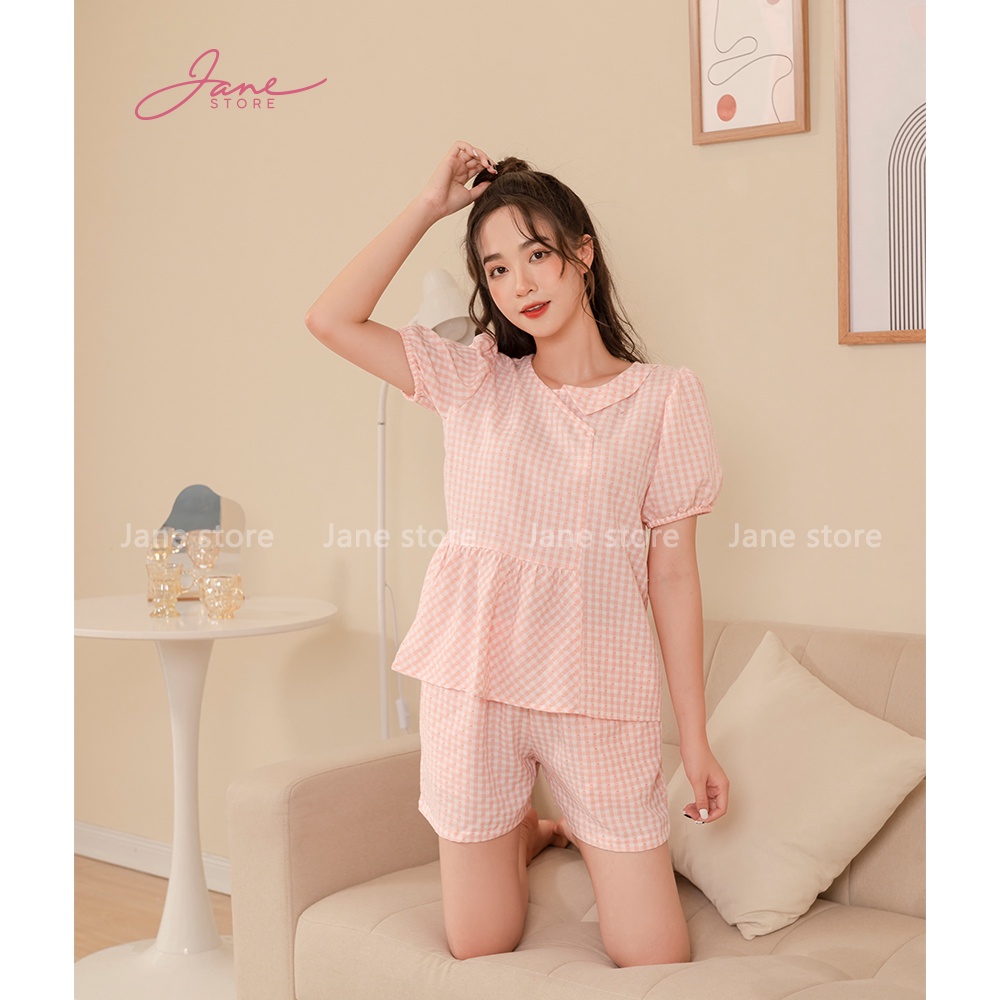 Bộ đồ mặc nhà họa tiết kẻ hạt vạt cổ lệch Set đồ nữ kẻ chất thô mềm mịn thoáng mát Jane mã KC02