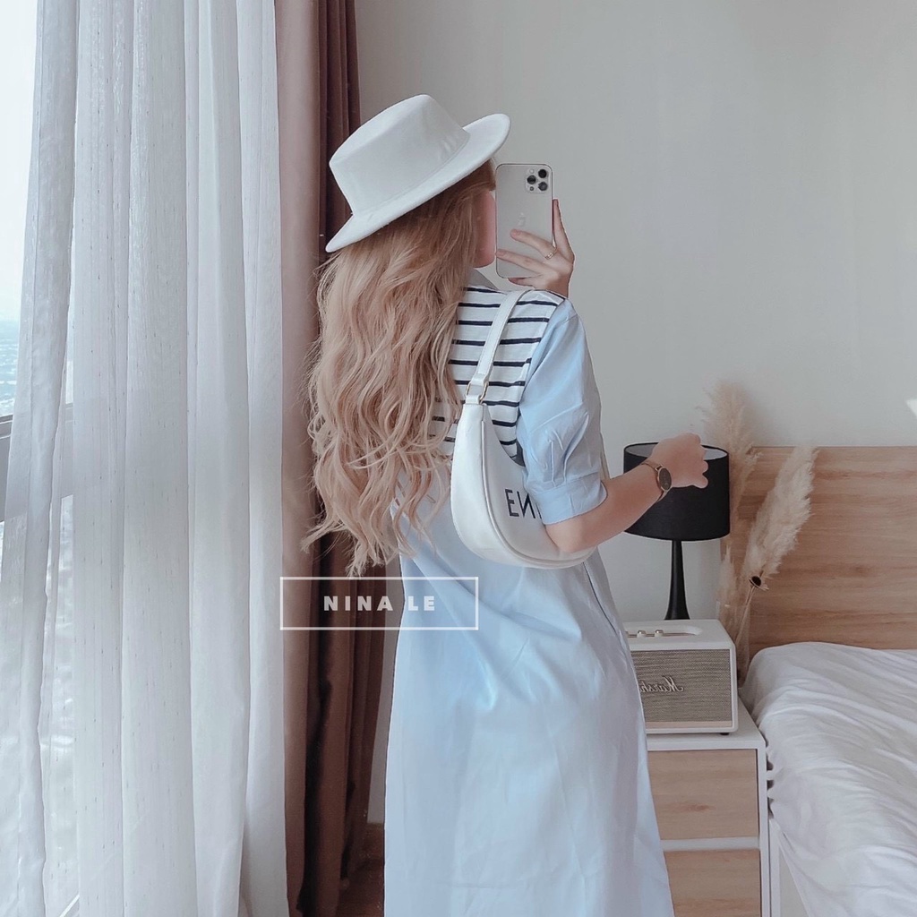 Đầm Dài Suông Lụa Polo Qua Gối Tay Lửng Cổ Sơ Mi Chữ V Phối Kiểu Khăn Choàng Cổ - Đầm Kiểu Dáng Suông Thanh Lịch