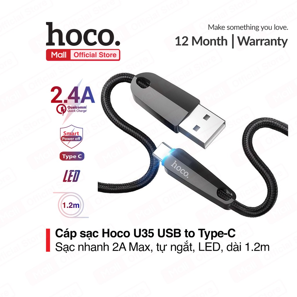 Cáp sạc tự ngắt Hoco U35 USB to Type-C, sạc nhanh 2.4A Max, có đèn LED, dây bọc dù chống đứt, tự ngắt khi đầy, dài 120cm