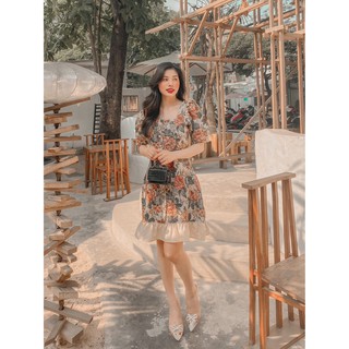 Đầm gấm hoa cao cấp nút ngực phối voan xinh xắn NEVI