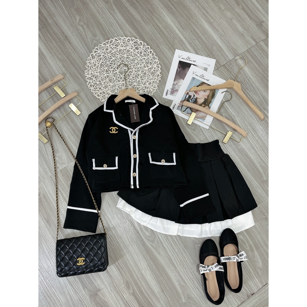 Set váy nữ viền kẻ trắng