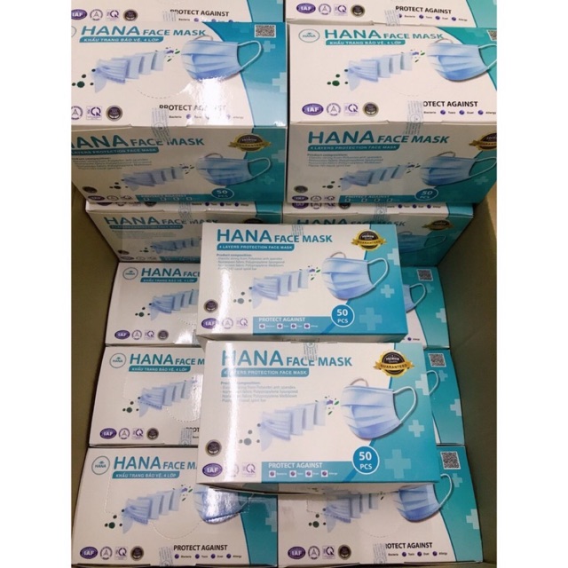 1 hộp khẩu trang Hana 4 lớp (50cái) full box nguyên tem niêm phong