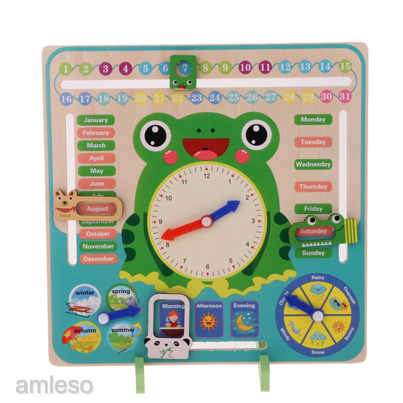 [AMLESO] Wood Calendar Clock Learn Time Date Weather Educational Toy for Boys Girls