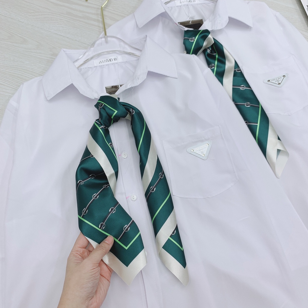Áo sơ mi nữ Para kèm khăn quàng cổ xanh áo sơ mi dài tay nữ