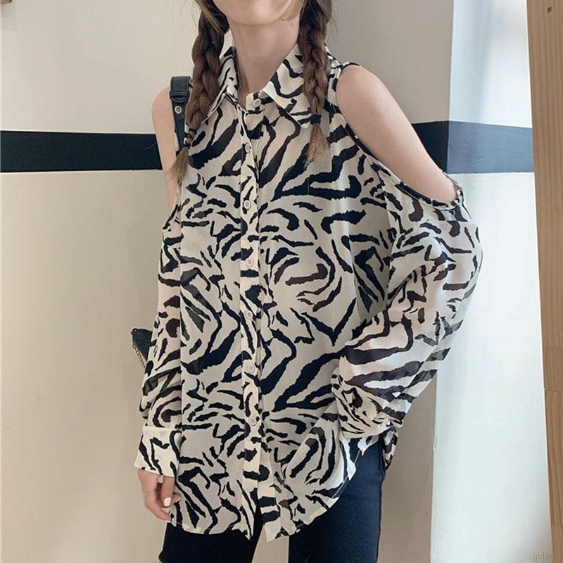 Áo Trễ Vai Tay Dài Hoạ Tiết Da Báo Kiểu Hàn Quốc