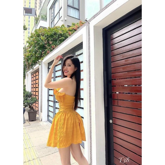[FREESHIP] Set đầm cúp ngực viền bèo có mút ngực sẵn tôn da màu vàng hồng kèm quần lót trong cùng màu