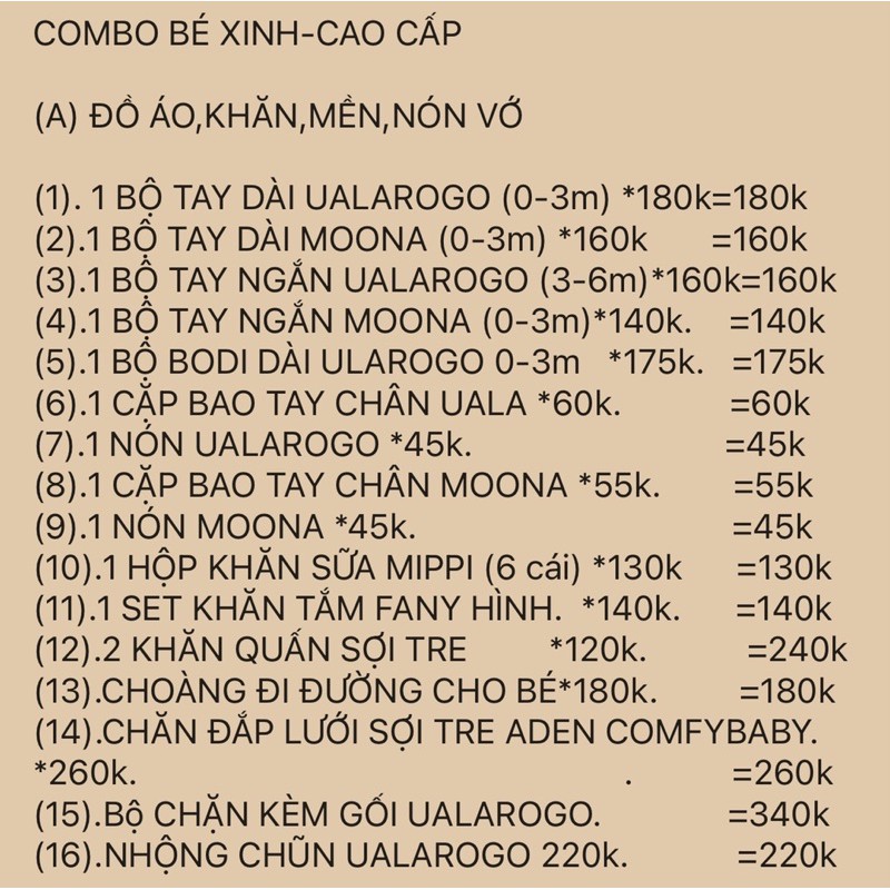 Combo đi sinh cho  bé trai ,Bé gái cao cấp 34 món ( danh sách sản phẩm trên hình ảnh)