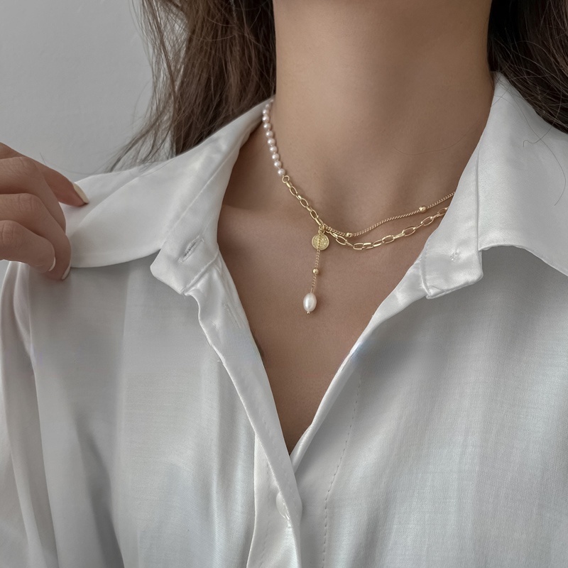 Dây chuyền phối mặt hạt ngọc trai nhân tạo phong cách Hàn Quốc thời trang