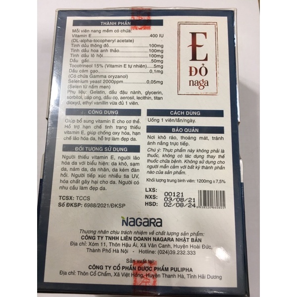 Viên uống Vitamin E Đỏ Naga Tinh Dầu Hoa Anh Thảo (Lọ 30 viên) - Hàng chính hãng
