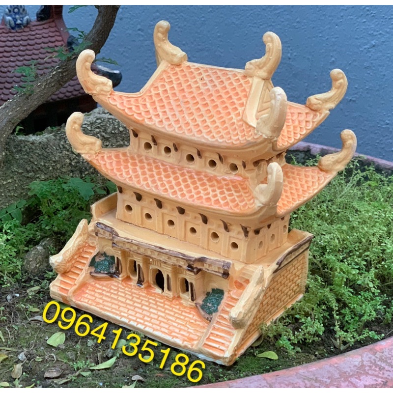 Tiểu cảnh Chùa hai tầng mái rồng h18cm gốm sứ Bát Tràng
