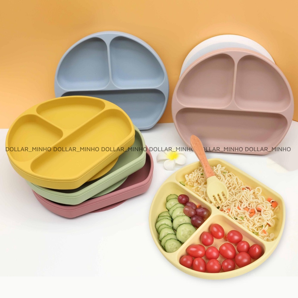 Khay ăn dặm 3 ngăn có đế hít chống đổ bằng silicon cho bé ăn dặm
