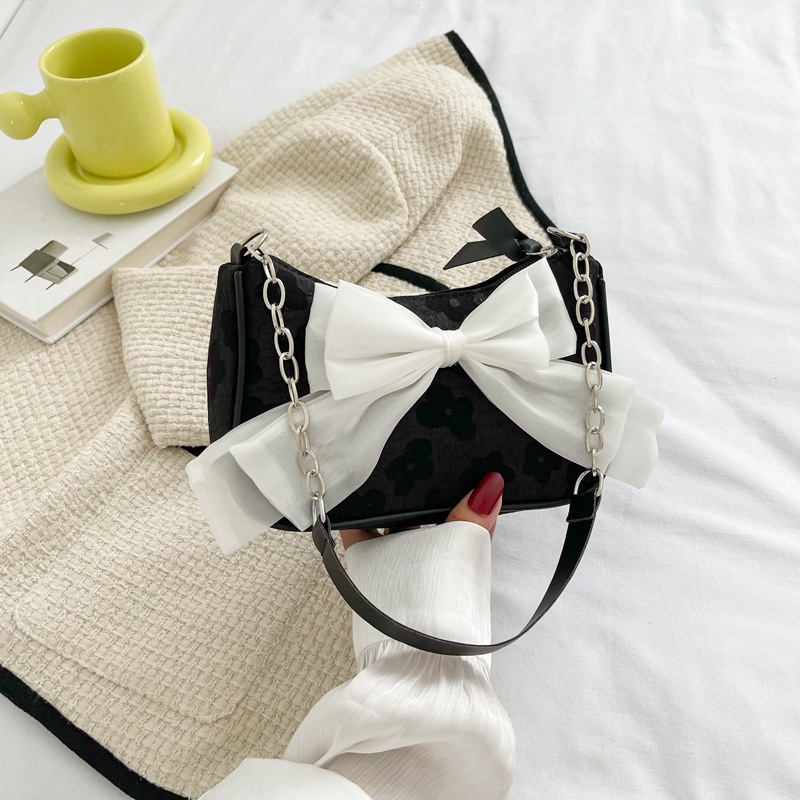 Túi Xách Đeo Vai / Kẹp Nách Đính Nơ Phối Dây Xích Nhỏ Nhắn Xinh Xắn Thời Trang Dành Cho Nữ