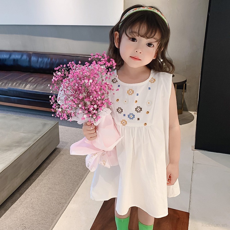 Đầm Sát Nách Cổ Tròn Thêu Hoa Dễ Thương Cho Bé Gái 3-8 Tuổi