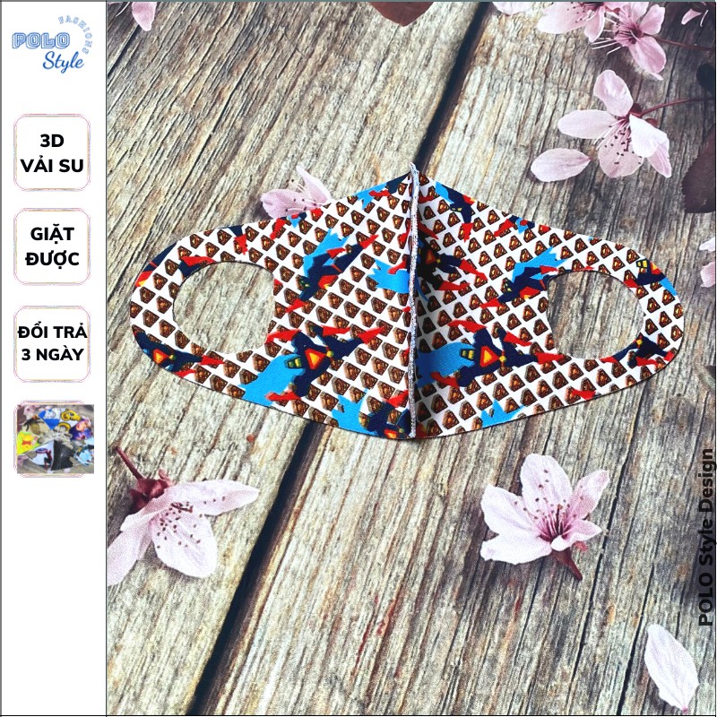 10 khẩu trang hoạt hình 3D vải su Polo Style, dễ thương, dễ thở, không đau tai