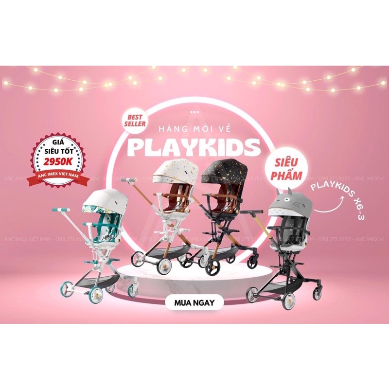 (CHÍNH HÃNG- BH) Xe đẩy gấp gọn Playkids X6-3 cao cấp, xoay 2 chiều- 3 tư thế ngồi, ngả, nằm cho bé từ sơ sinh - 6 tuổi