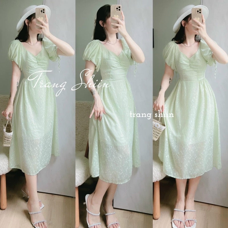 ĐẦM XANH HOA NỔI NHÍU NGỰC RÚT TAY MIDI