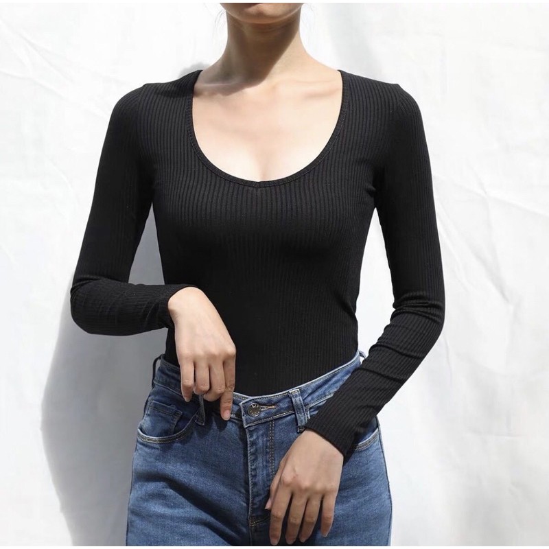 Áo Bodysuit cổ tim dài tay