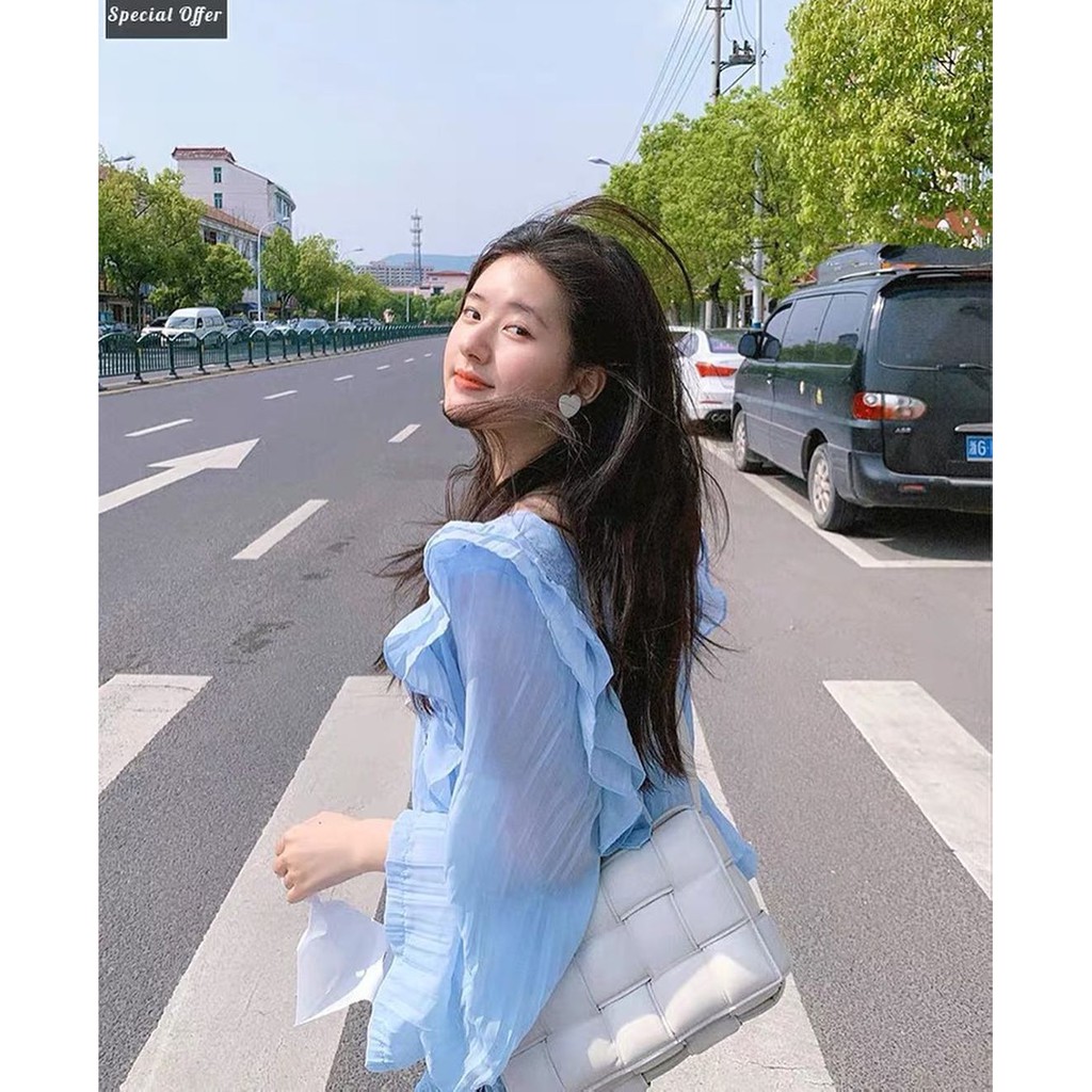 Áo sơ mi bánh bèo xanh Triệu Lộ Tư