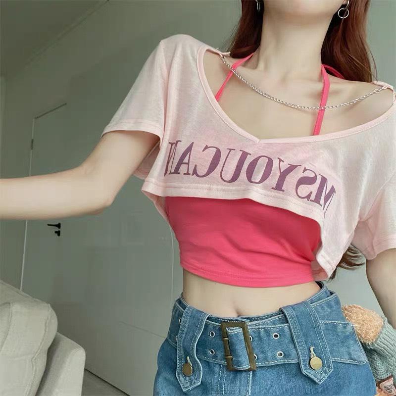 Áo Croptop Set 2 Áo Tay Ngắn PINKSTORE29, Dáng Rộng In Chữ MSYOUCAN A5428