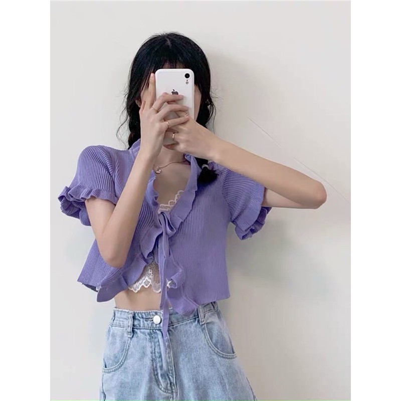 Áo len mỏng viền bèo cột dây sexy