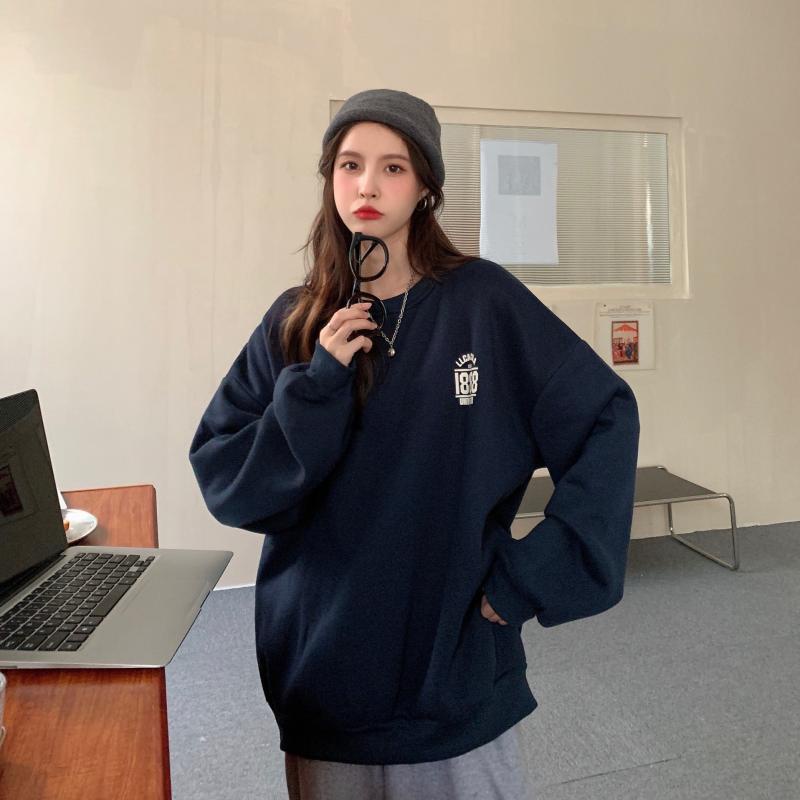 Áo Sweater Cổ Tròn Dáng Rộng Phối Nhung In Chữ Cá Tính Cho Nữ