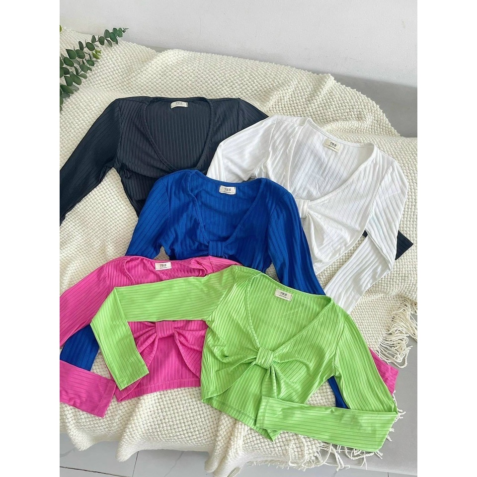 Áo kiểu croptop tay dài cổ tím nhúm nơ ngực cực xinh , chất thun gân dày dặn mềm mát alohashop91