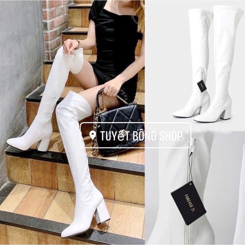 BOOTS cao qua gối nữ ,có khóa mũi nhọn ,đế vuông, da nhăn phối cực xinh một màu trắng