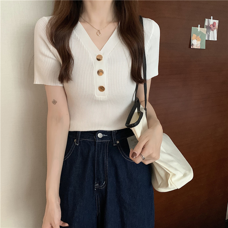 Áo thun dệt kim ngắn tay cổ V thời trang trẻ trung dành cho nữ