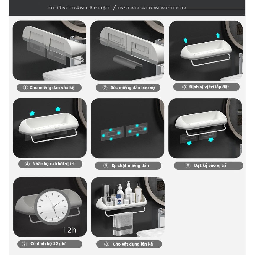 Kệ Nhà Tắm Dán Tường Cao Cấp OENON, Kệ Nhà Tắm Nhà Bếp Đa Năng Kèm Giá Treo Khăn
