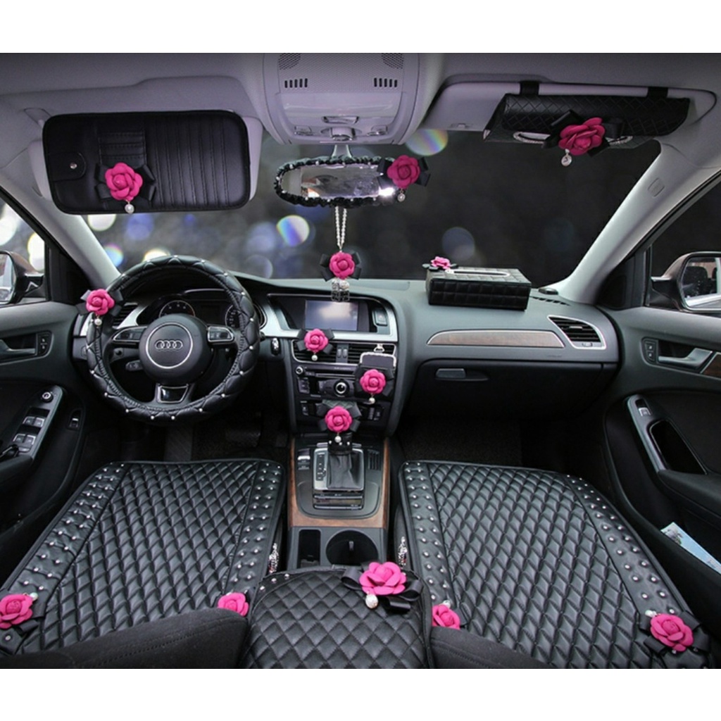 Bộ Phụ Kiện Trang Trí Ô Tô Đính Đá Hoa Trà Cao Cấp Sang Chảnh