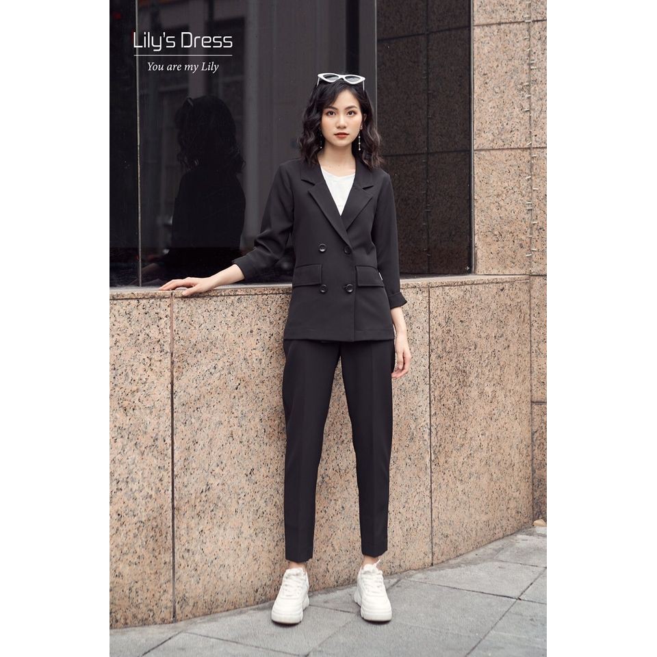 Set Blazer Đen 4 cúc dáng ngắn + quần âu by Lilie