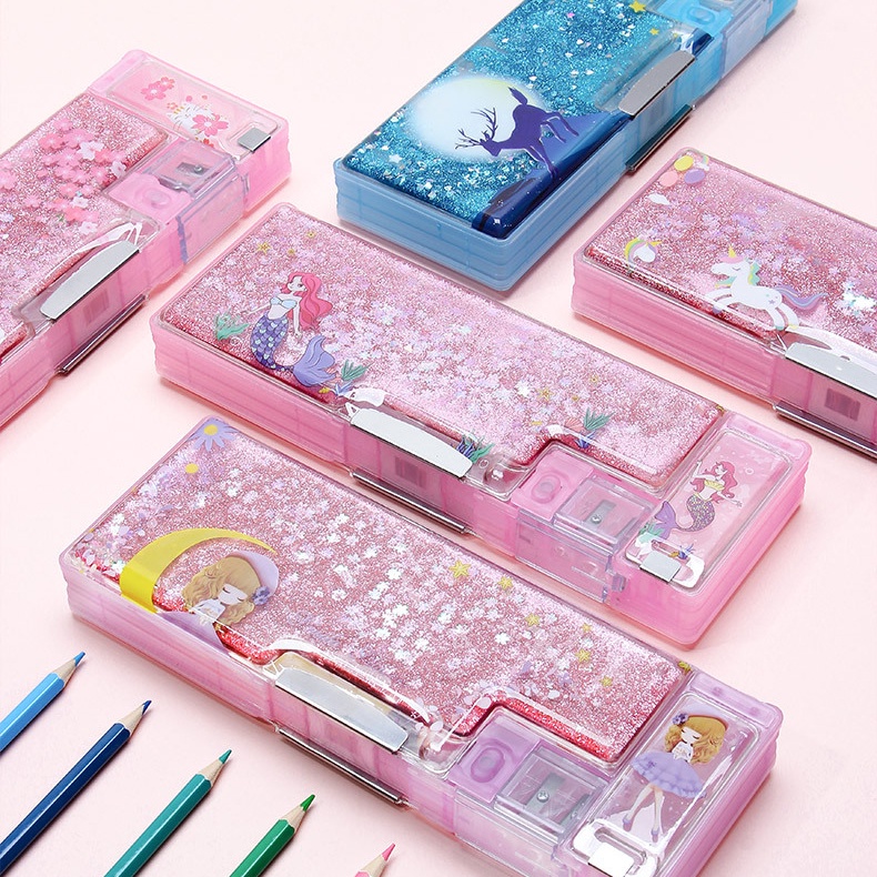 Hộp Đựng Bút Hai Ngăn Bằng Nhựa Họa Tiết Hoạt Hình Lấp Lánh Đa Năng Sáng Tạo Dễ Thương Dành Cho Bé Gái