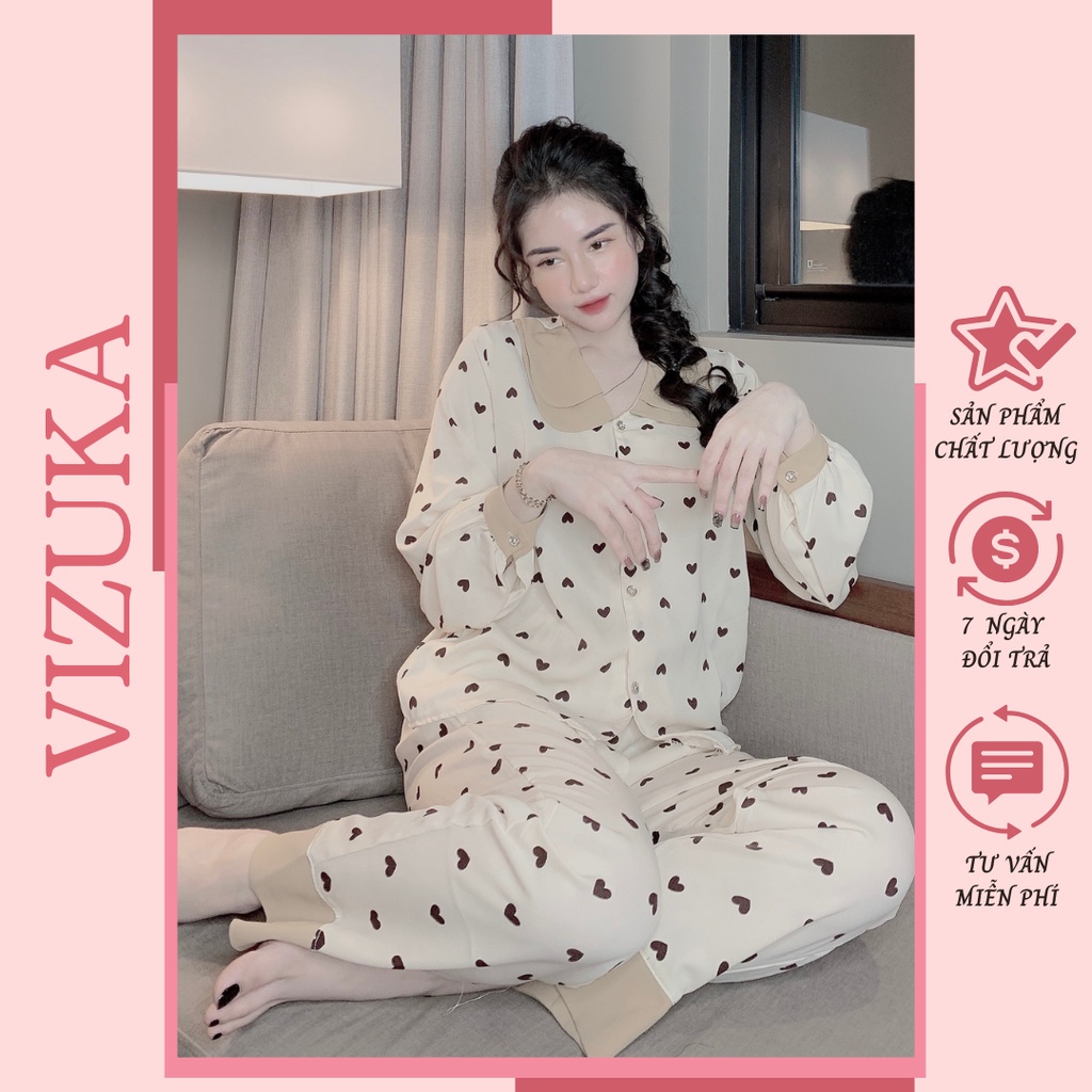 Đồ bộ nữ pijama lụa dài tay cổ sen mặc nhà họa tiết sang chảnh VIZUKA