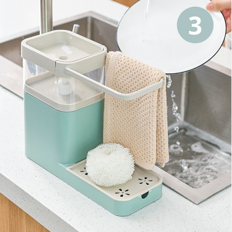 Bộ Hộp Đựng Nước Rửa Chén Tạo Bọt 3 IN 1 Thông Minh Kèm Miếng Bọt Biển TomHouse