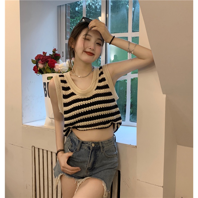 HUANG YOYO  Áo Dệt Kim Sát Nách Dáng Rộng Họa Tiết Kẻ Sọc Thời Trang Mùa Hè Phong Cách Hàn Quốc Cho Nữ