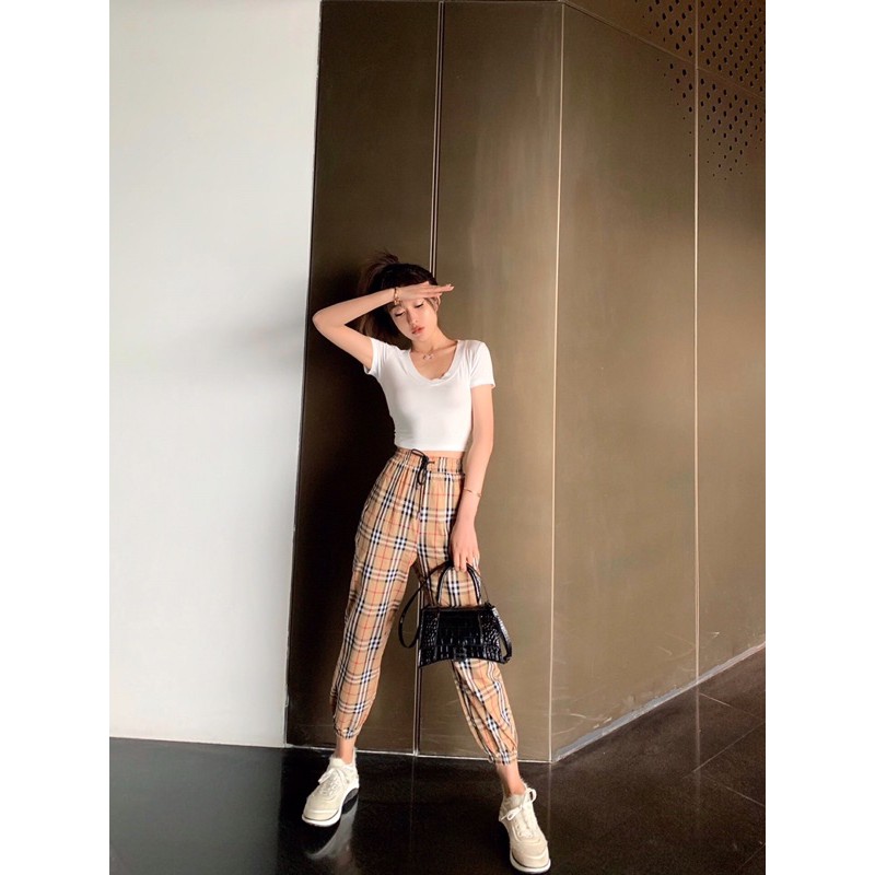 Quần thể thao Burberry BBR hàng cao cấp thiết kế bo ống cạp chun dây rút siêu tôn dáng